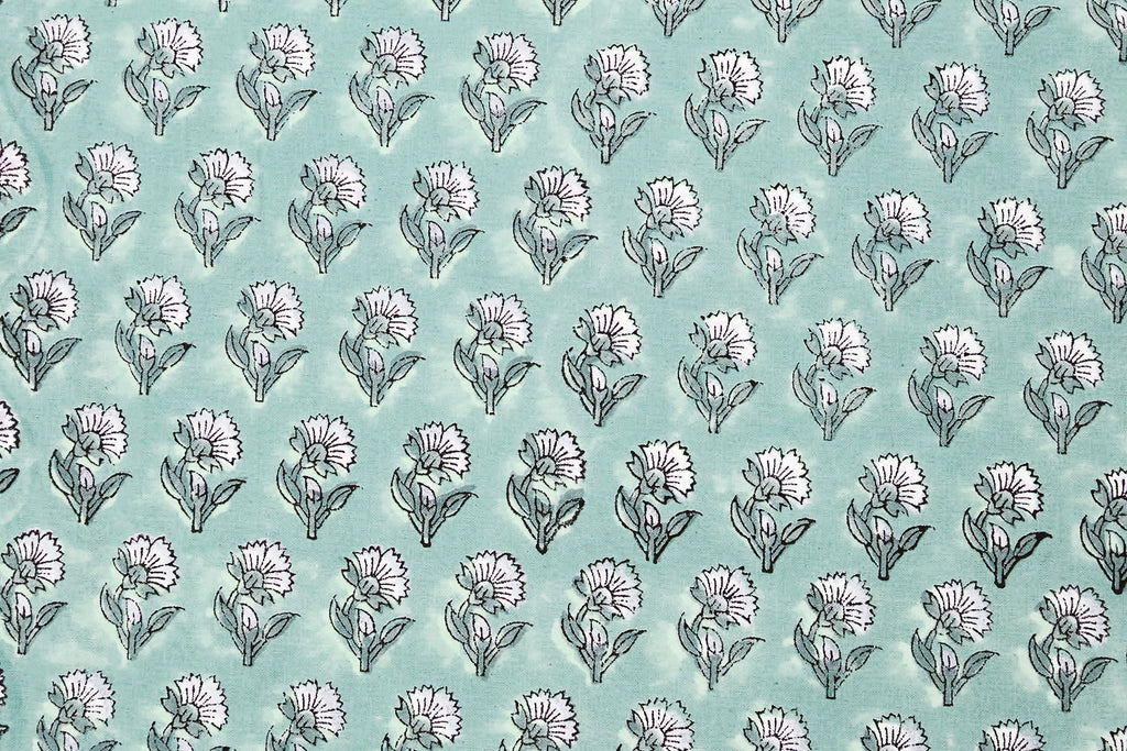 Blue Floral Block Print Cotton Fabric: Handstamped Indian Fabric