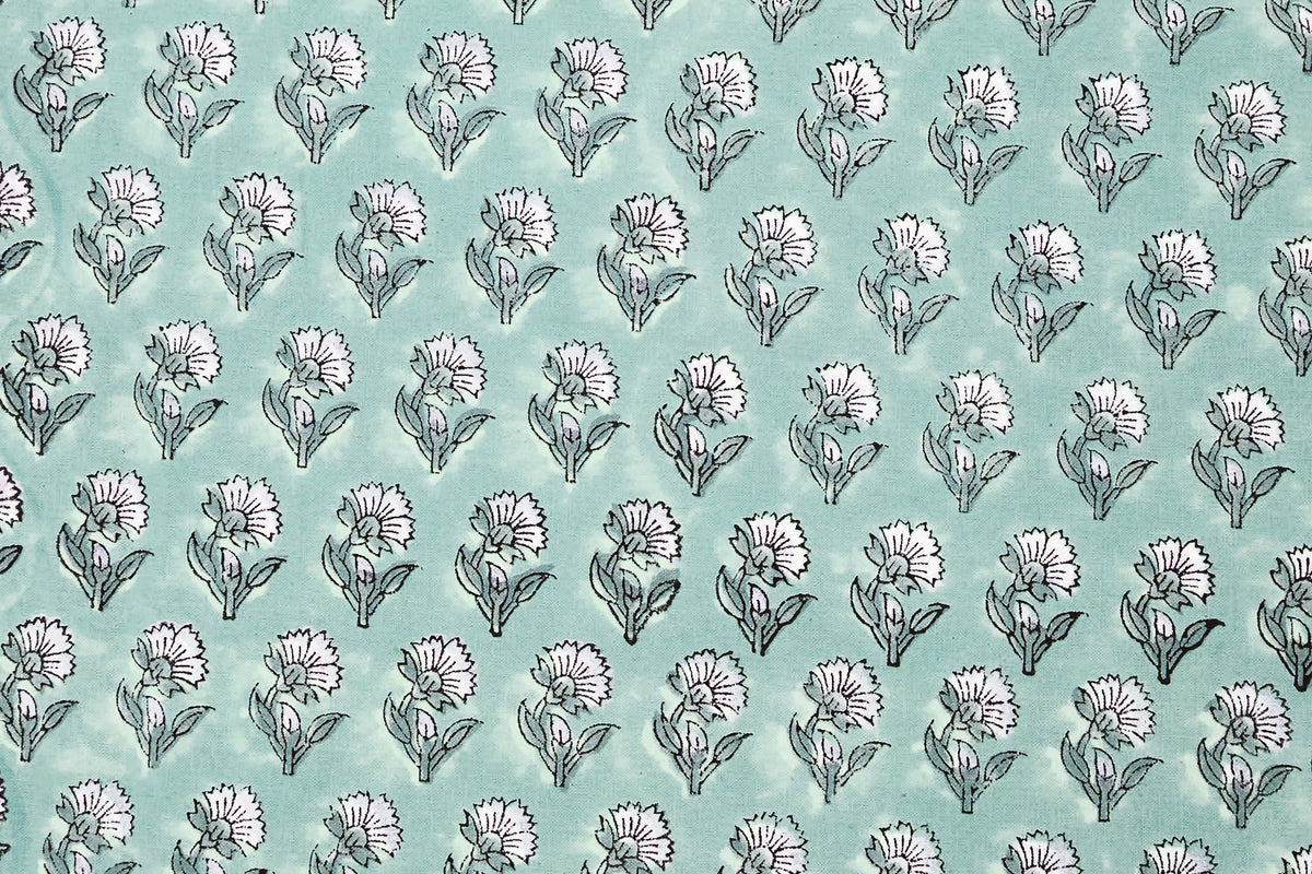 Blue Floral Block Print Cotton Fabric: Handstamped Indian Fabric