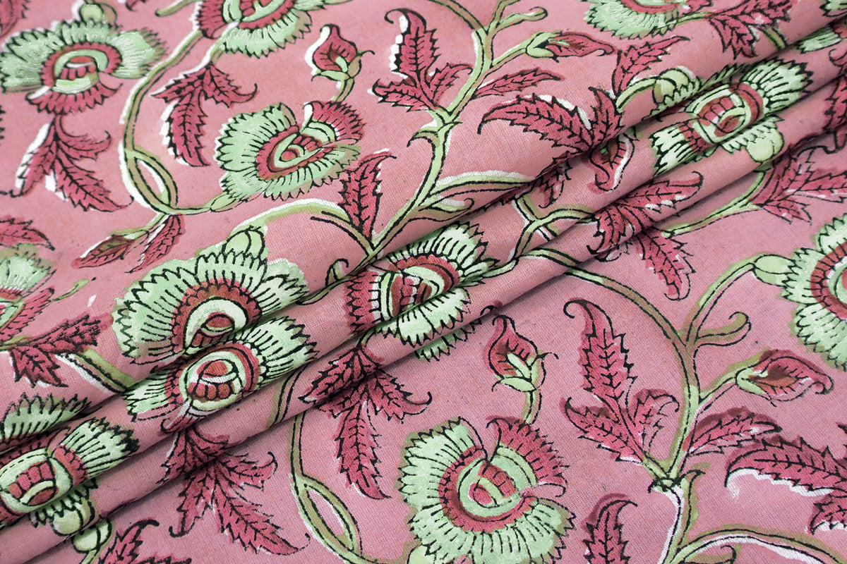 Pink Floral Cotton Fabric: Hand Block Print Indian Fabric by the Yard