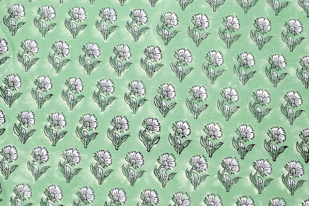 Green Floral Blockprint Cotton Fabric: Handstamped Indian Fabric