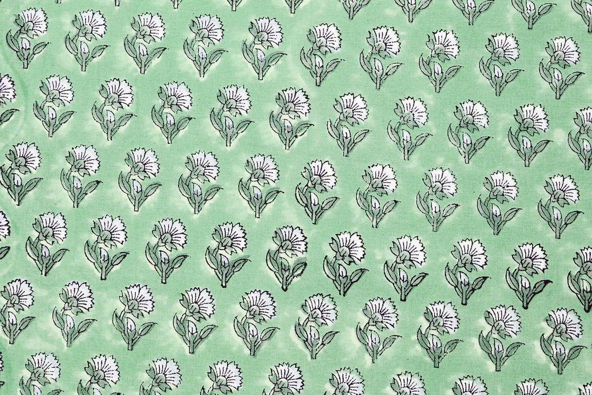 Green Floral Blockprint Cotton Fabric: Handstamped Indian Fabric