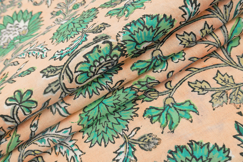 Floral Block Print Cotton Fabric: Orange & Green Mughal Design