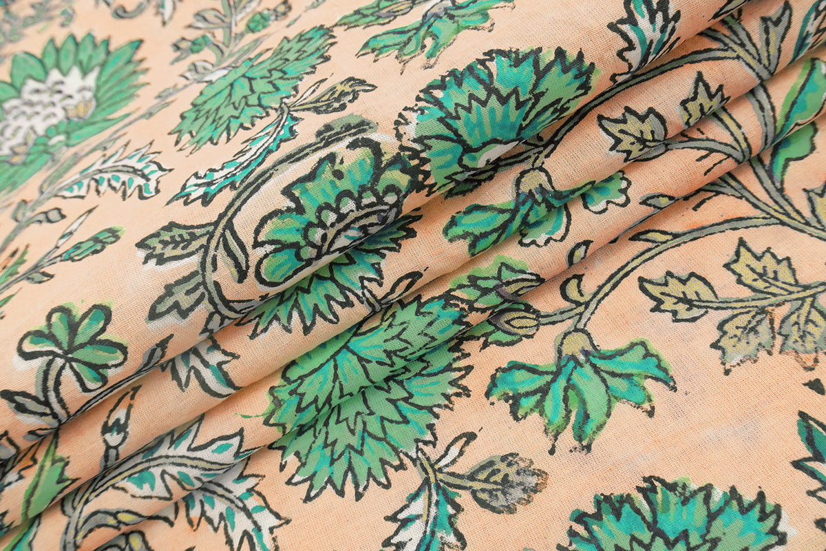 Floral Block Print Cotton Fabric: Orange & Green Mughal Design