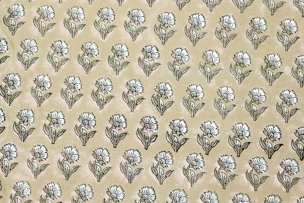 Floral Block Print Cotton Fabric: Brown & White Mughal Design