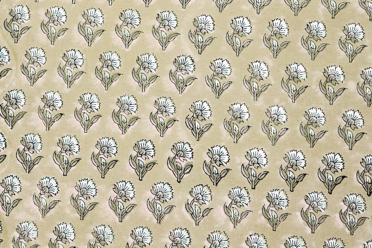 Floral Block Print Cotton Fabric: Brown & White Mughal Design