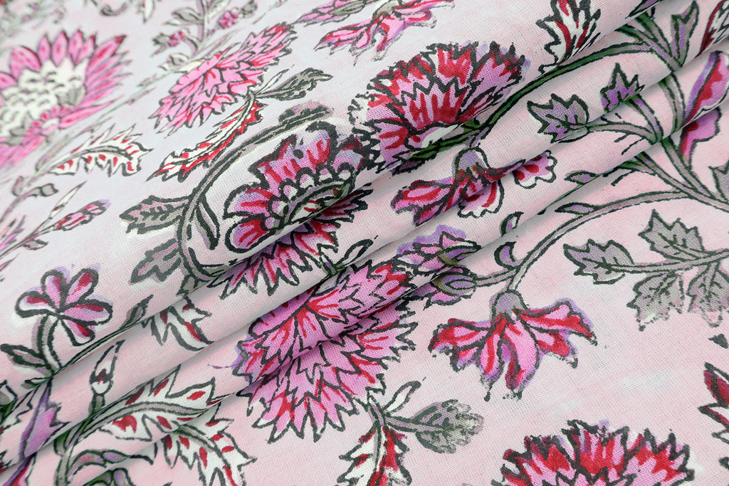 Pink Floral Block Print Cotton Fabric: Hand-Stamped Indian Fabric