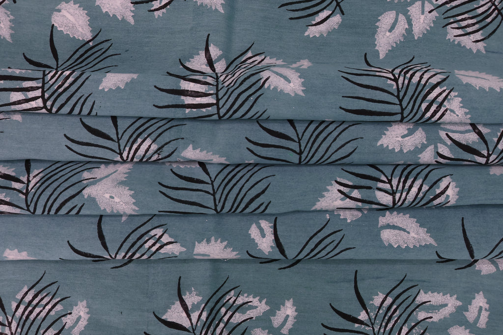 Blue Cotton Blockprint Fabric: Handstamped Floral Print