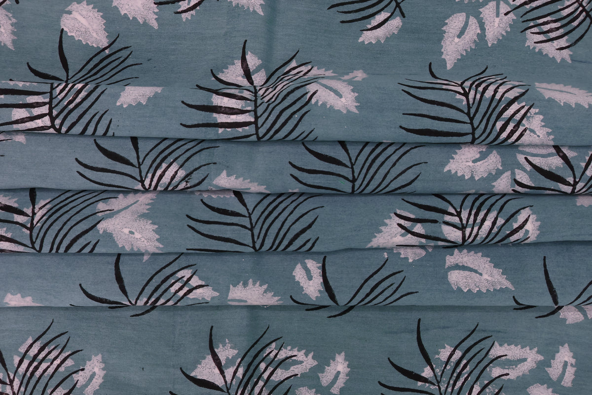 Blue Cotton Blockprint Fabric: Handstamped Floral Print