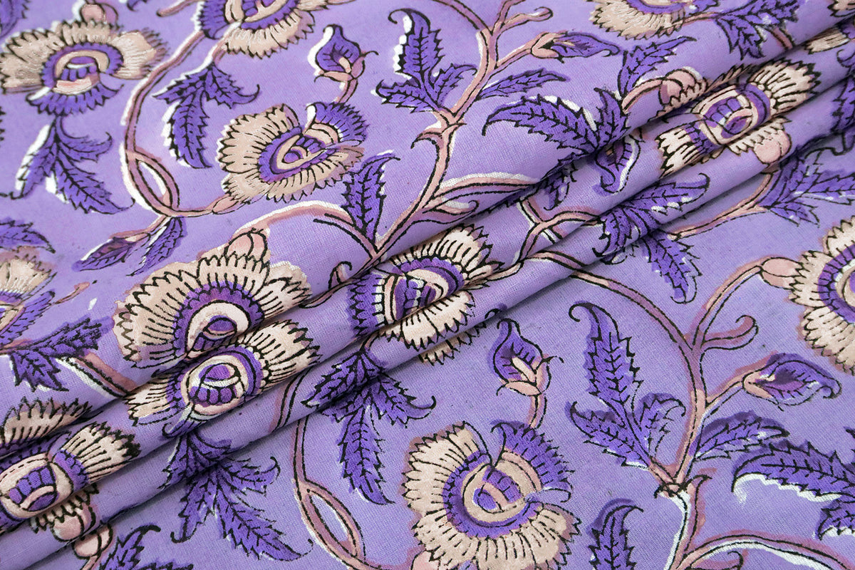Purple Floral Cotton Fabric: Hand Block Print Indian Fabric by the Yard