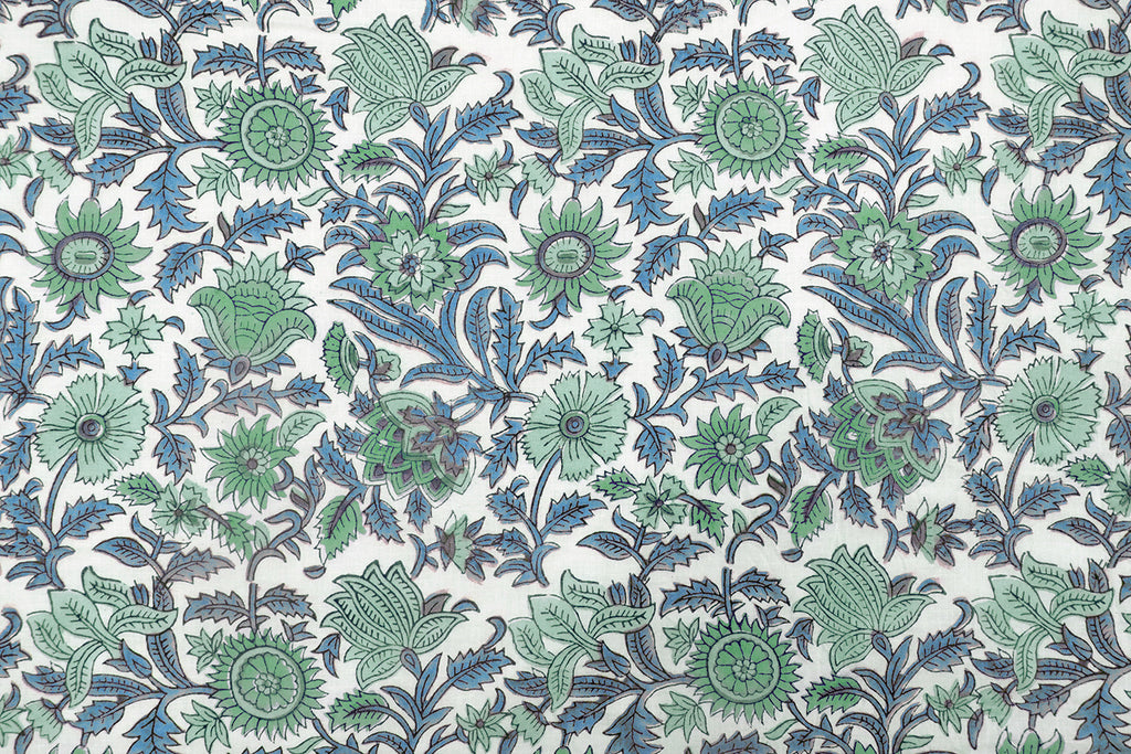 Hand Block Print Cotton Fabric: Green Floral Indian Fabric by the Yard