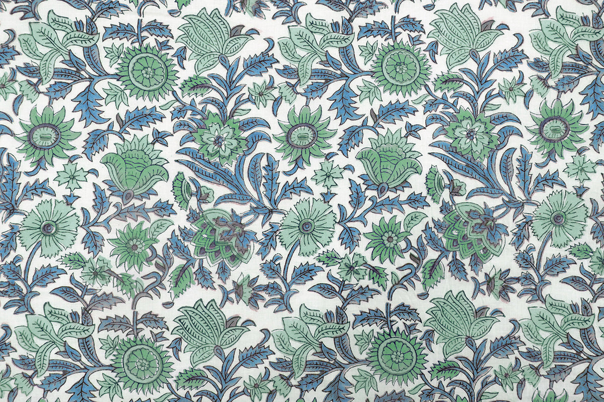 Hand Block Print Cotton Fabric: Green Floral Indian Fabric by the Yard