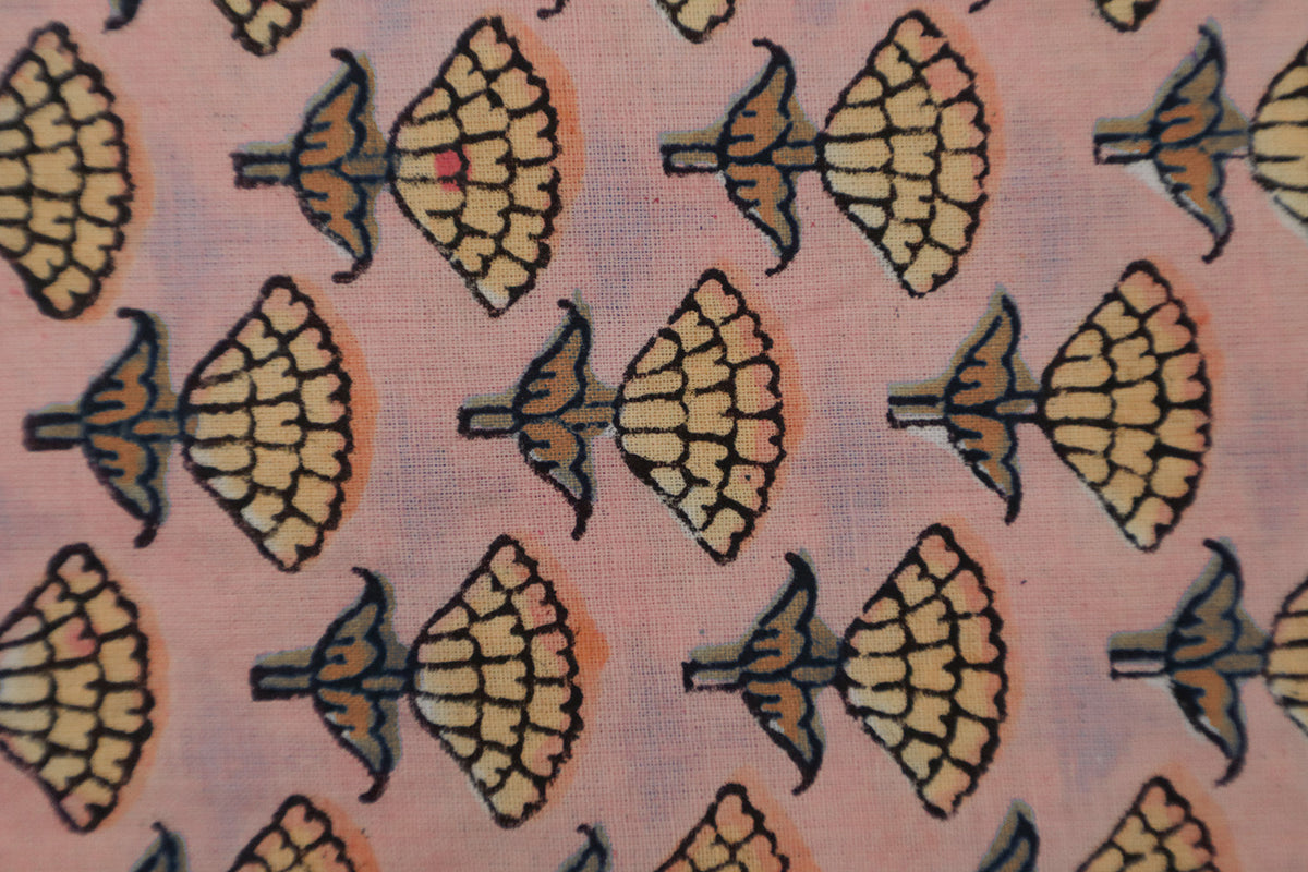 Pink Floral Blockprint Cotton Fabric: Handstamped Indian Fabric