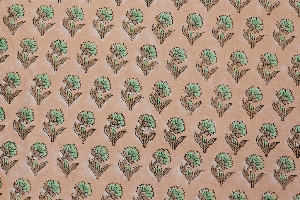 Peach Floral Block Print Cotton Fabric: Indian Handstamped Material