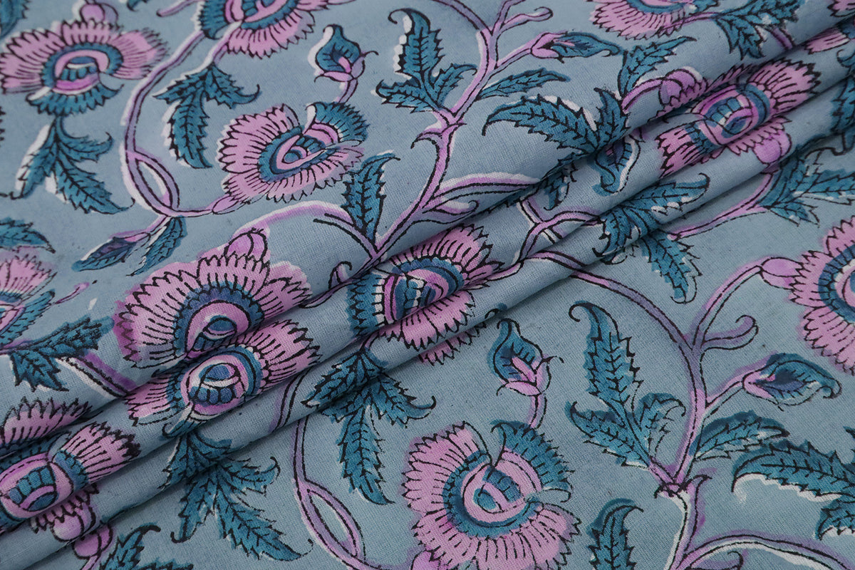 Mughal Floral Print Cotton Fabric: Blue & Pink Hand Block Print