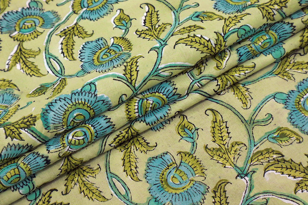 Floral Block Print Cotton Fabric: Blue & Yellow Indian Fabric by the Yard