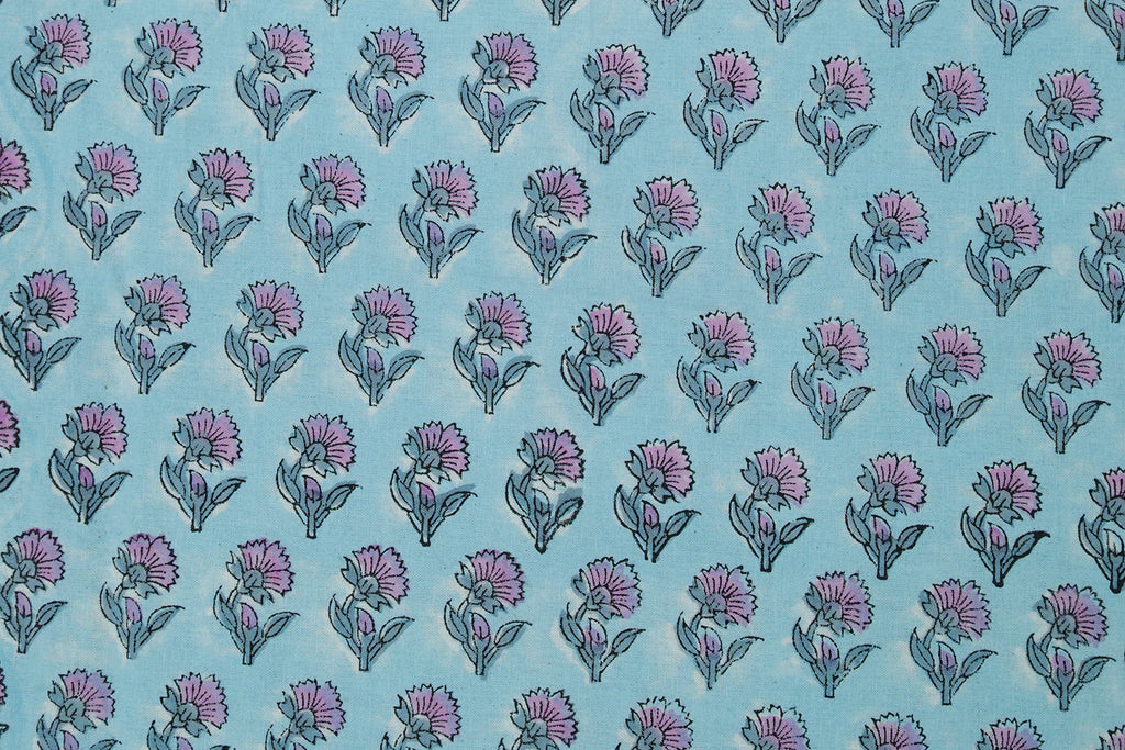 Blue Floral Blockprint Cotton Fabric: Handstamped Indian Fabric