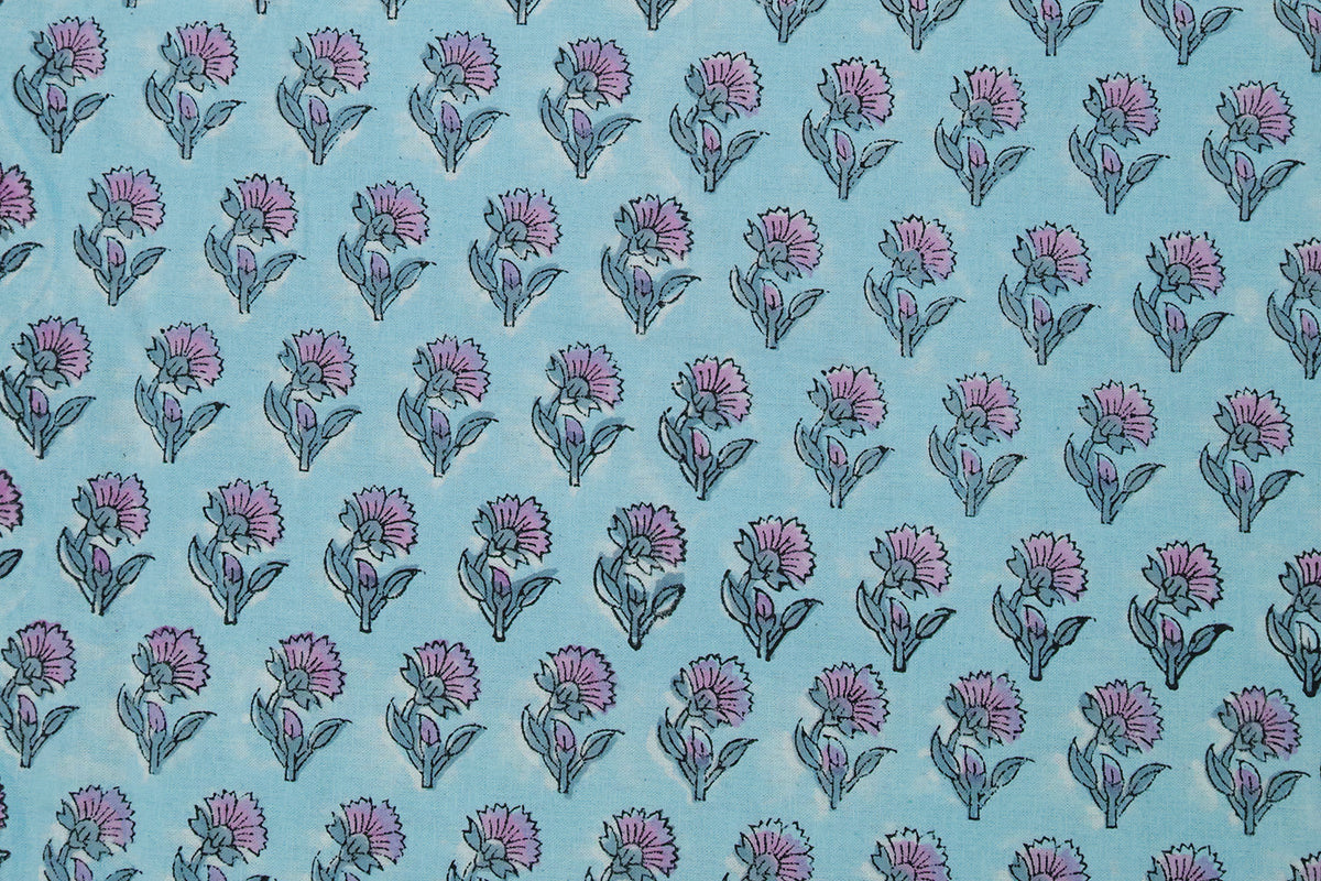 Blue Floral Blockprint Cotton Fabric: Handstamped Indian Fabric