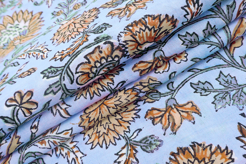 Blue Floral Blockprint Cotton Fabric: Handstamped Indian Fabric