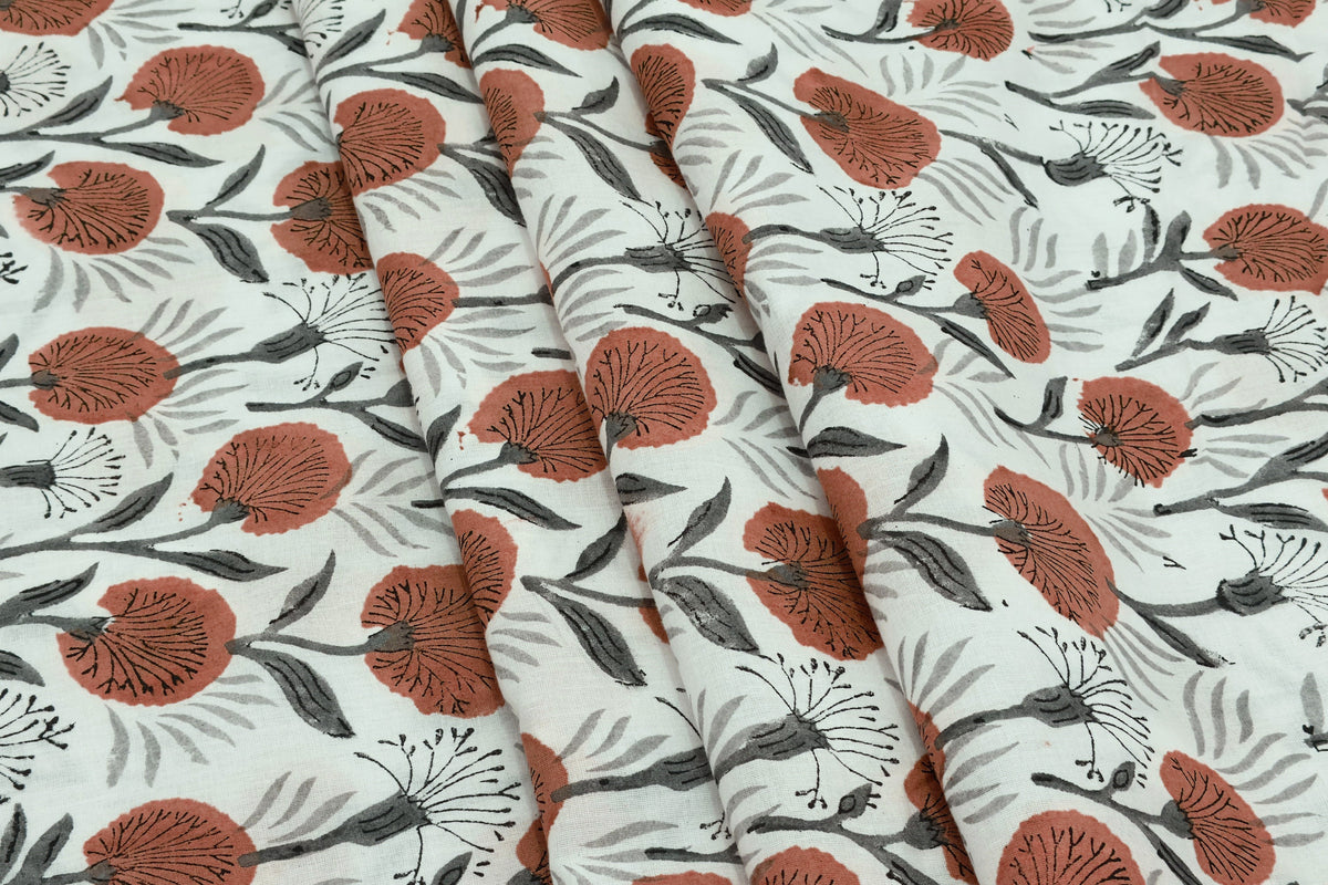 Red Floral Blockprint Cotton Fabric: Handstamped Indian Fabric