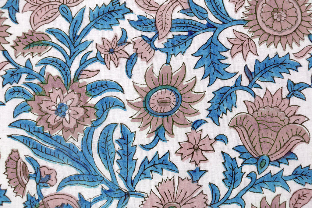 Hand Block Print Cotton Fabric: Pink, Blue Floral Indian Fabric by the Yard