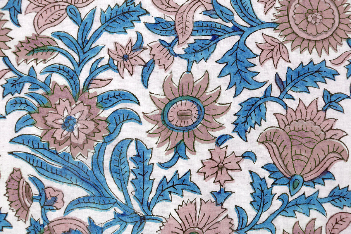 Hand Block Print Cotton Fabric: Pink, Blue Floral Indian Fabric by the Yard