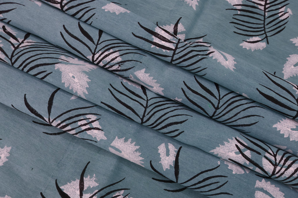 Blue Cotton Blockprint Fabric: Handstamped Floral Print