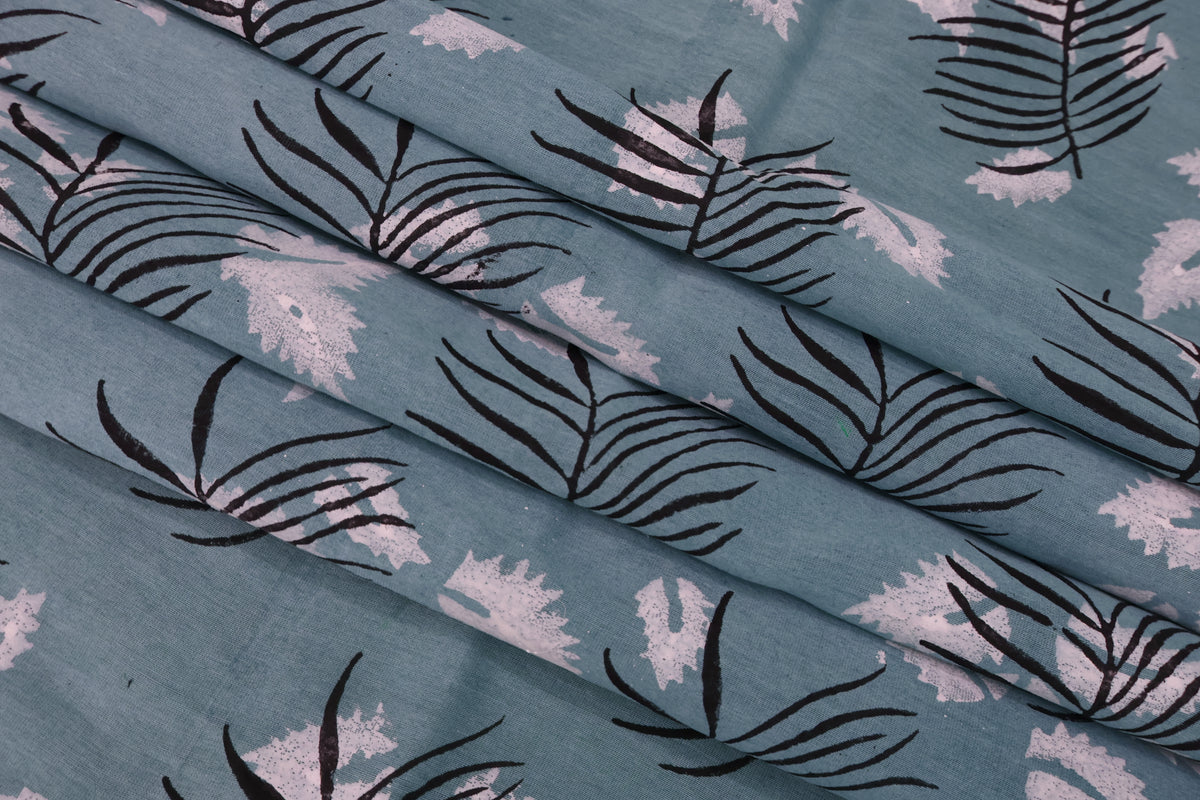 Blue Cotton Blockprint Fabric: Handstamped Floral Print