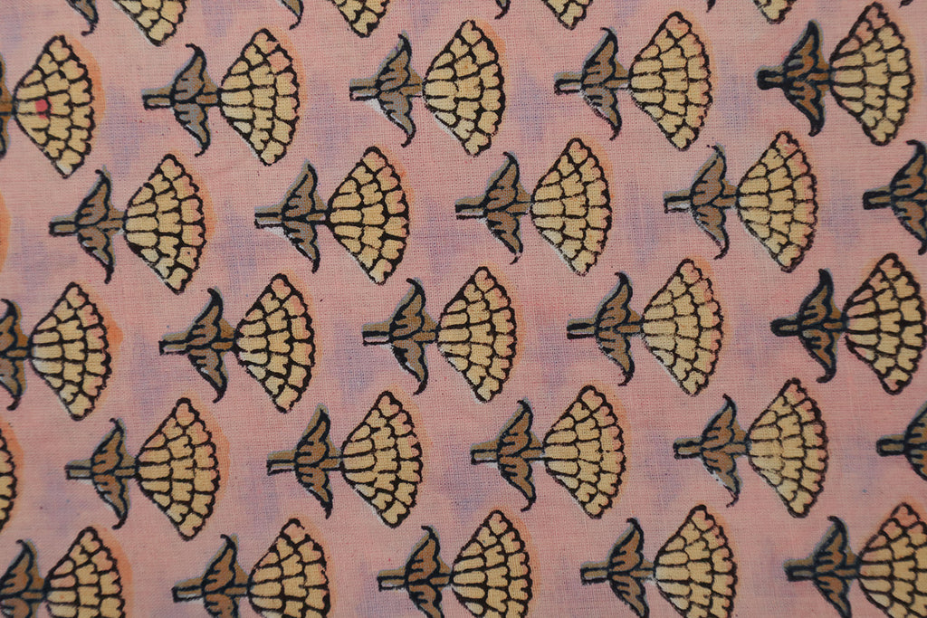 Pink Floral Blockprint Cotton Fabric: Handstamped Indian Fabric