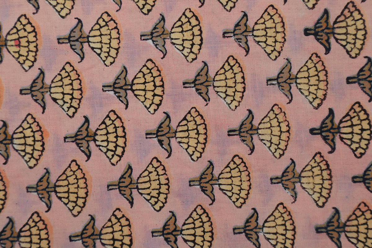 Pink Floral Blockprint Cotton Fabric: Handstamped Indian Fabric