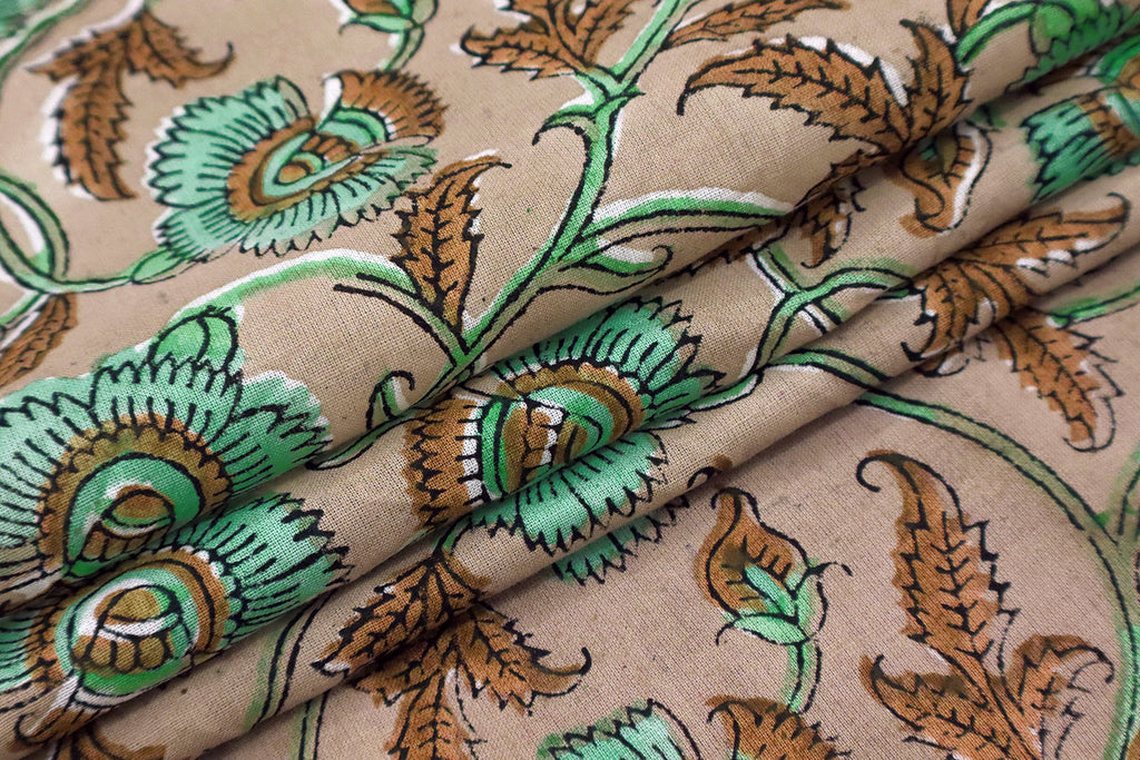 Floral Block Print Cotton Fabric: Orange & Green Indian Fabric
