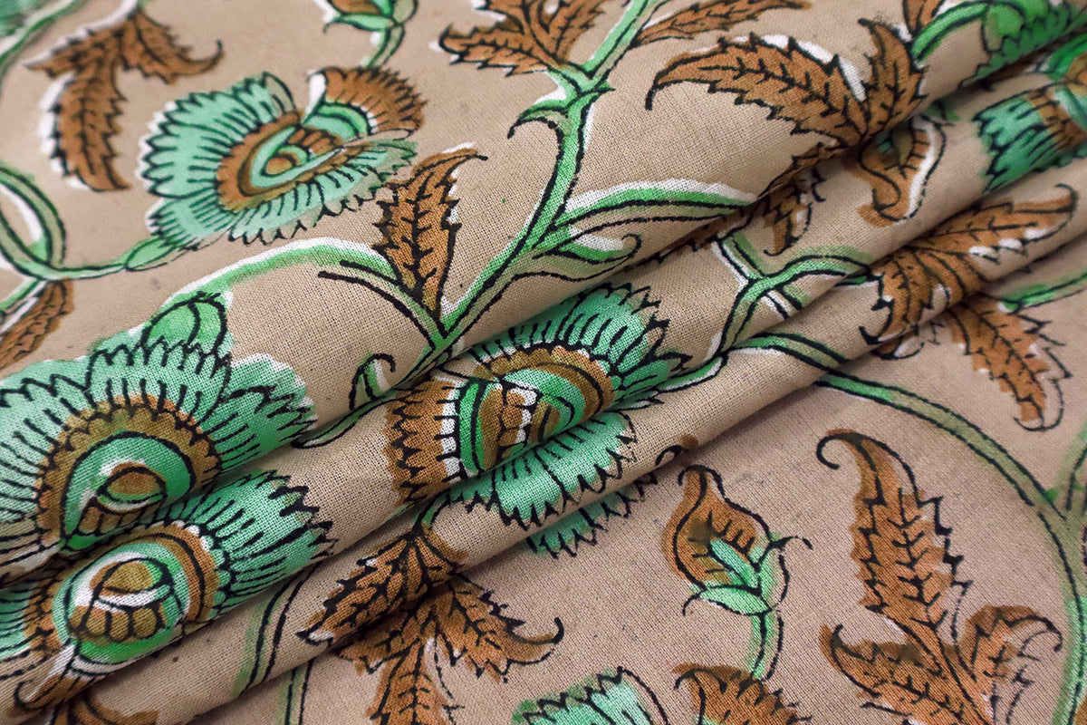 Floral Block Print Cotton Fabric: Orange & Green Indian Fabric
