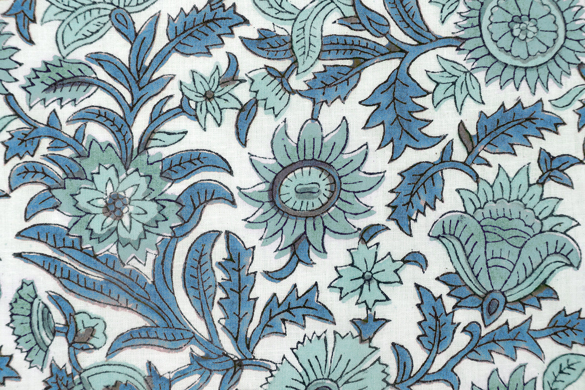 Hand Block Print Cotton Fabric: Green Floral Indian Fabric by the Yard
