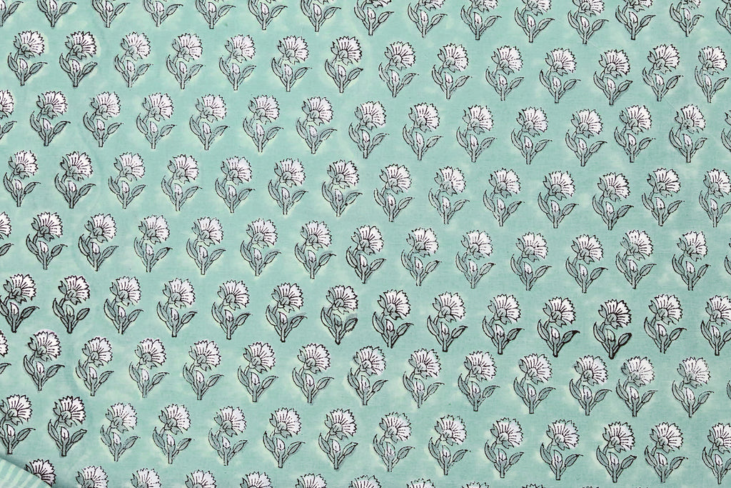 Blue Floral Block Print Cotton Fabric: Handstamped Indian Fabric