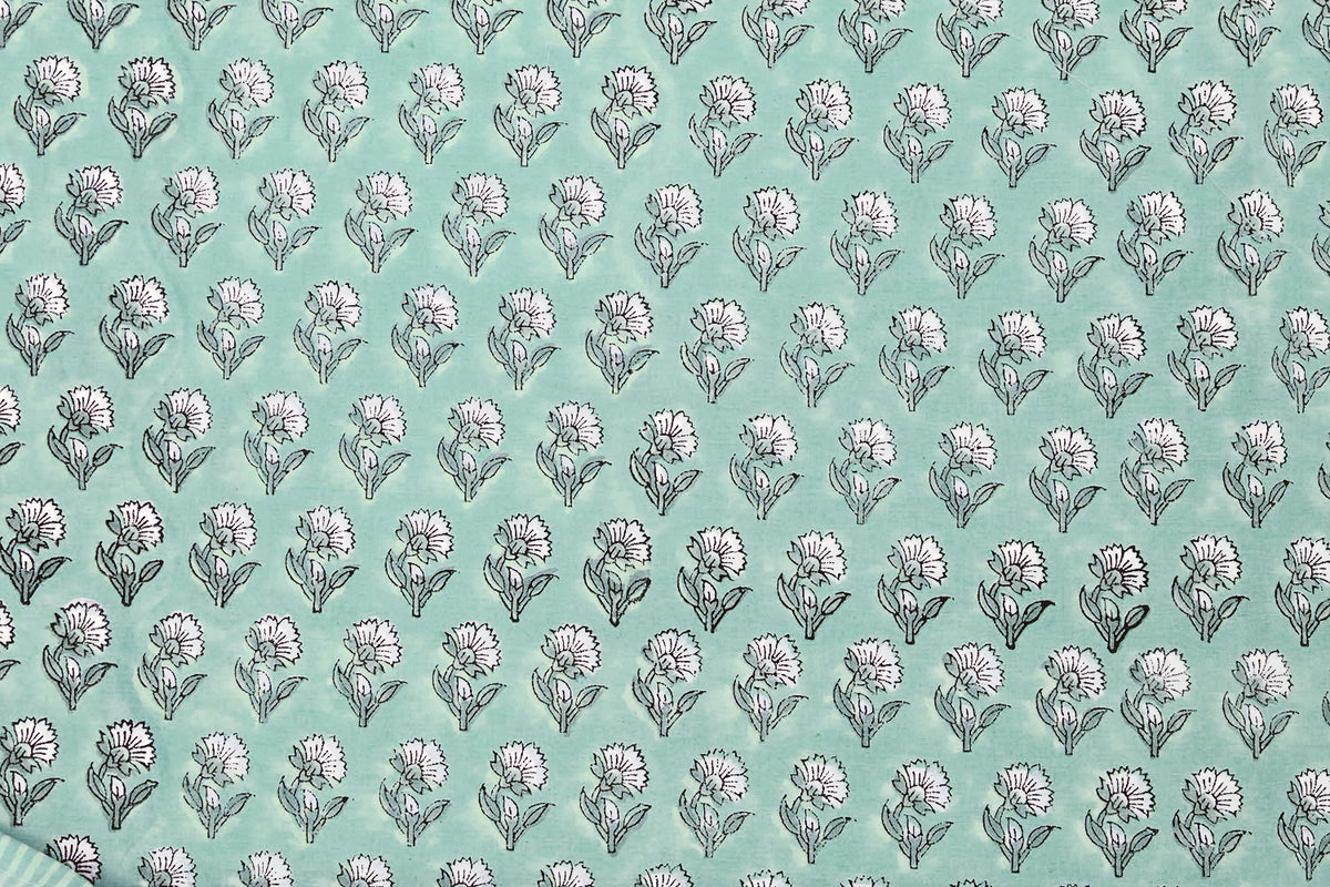 Blue Floral Block Print Cotton Fabric: Handstamped Indian Fabric
