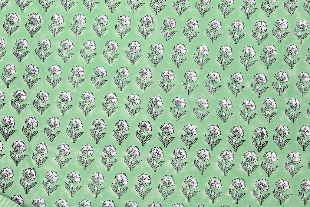 Green Floral Blockprint Cotton Fabric: Handstamped Indian Fabric