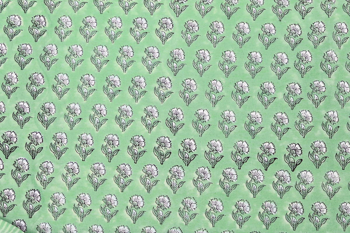 Green Floral Blockprint Cotton Fabric: Handstamped Indian Fabric