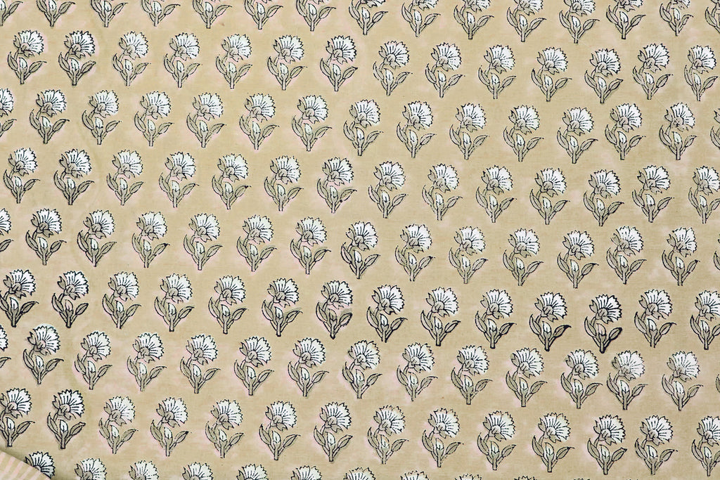 Floral Block Print Cotton Fabric: Brown & White Mughal Design