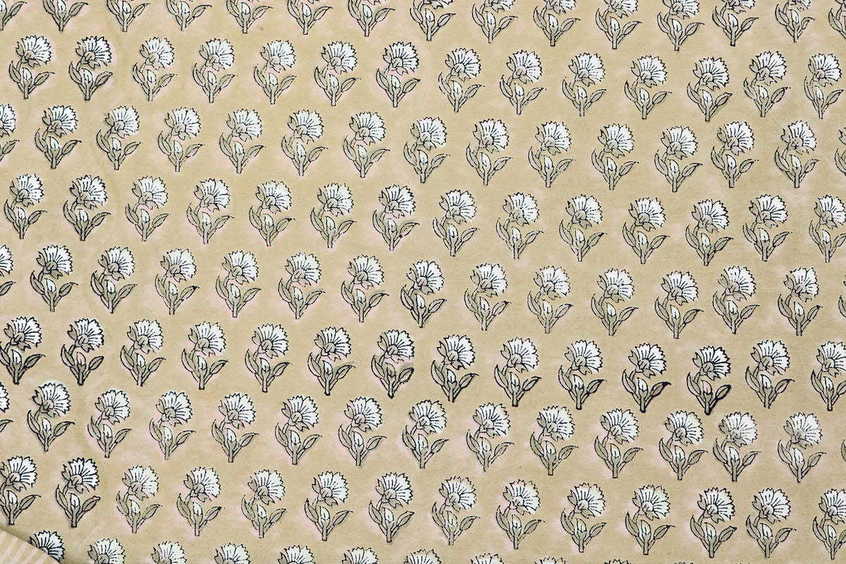 Floral Block Print Cotton Fabric: Brown & White Mughal Design