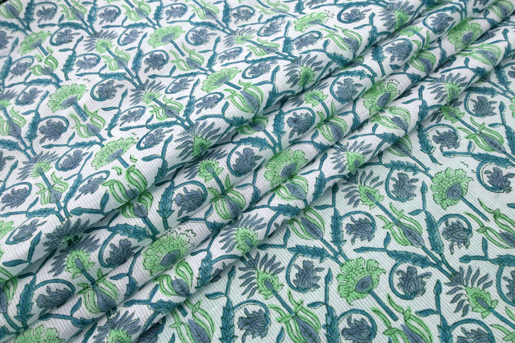 Floral Block Print Cotton Fabric: Blue, White & Green Indian Fabric