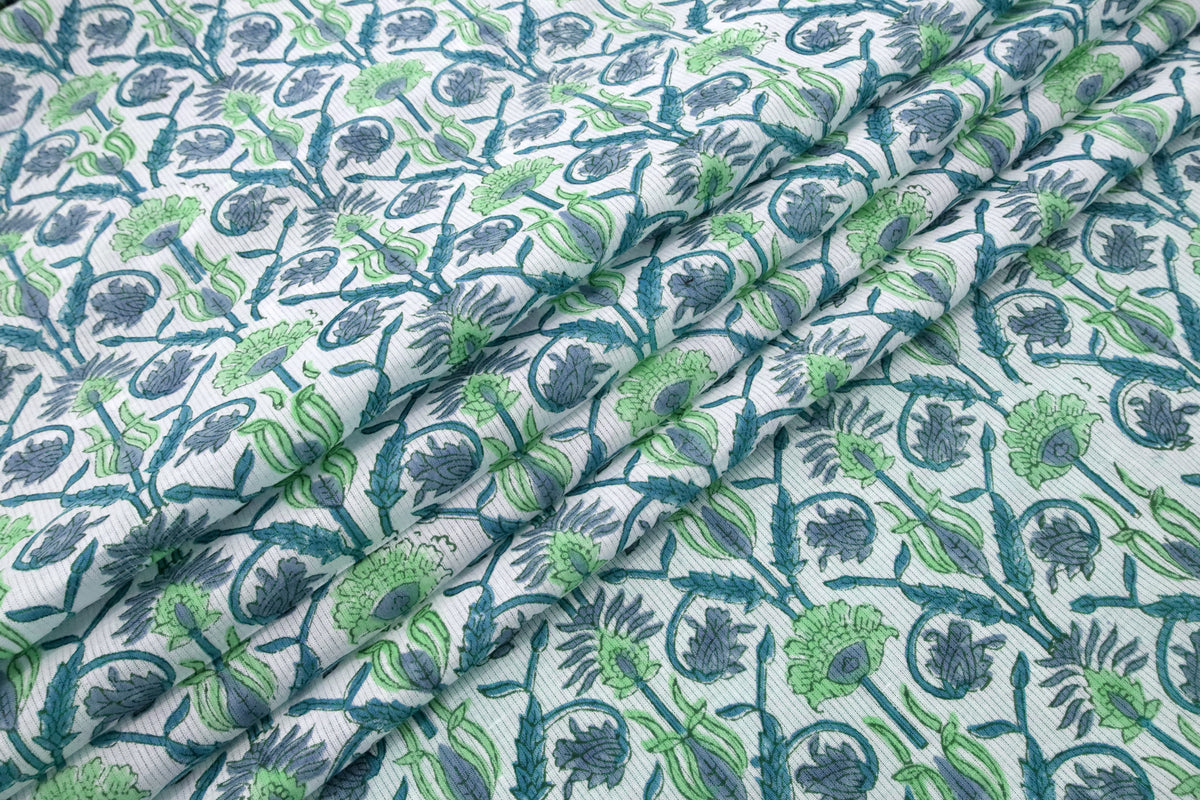 Floral Block Print Cotton Fabric: Blue, White & Green Indian Fabric
