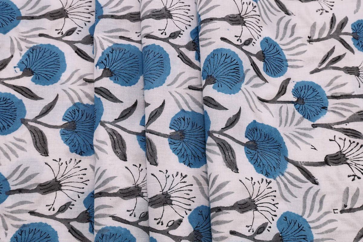 Blue Floral Blockprint Cotton Fabric: Handstamped Indian Fabric