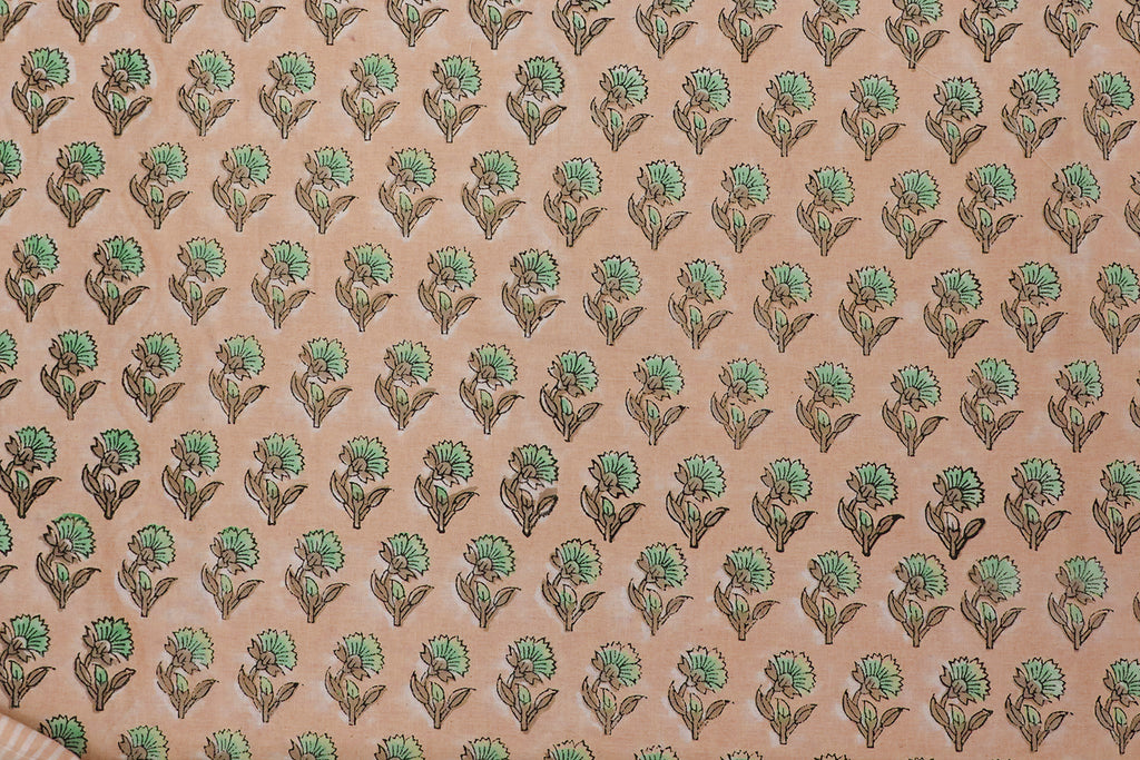 Peach Floral Block Print Cotton Fabric: Indian Handstamped Material