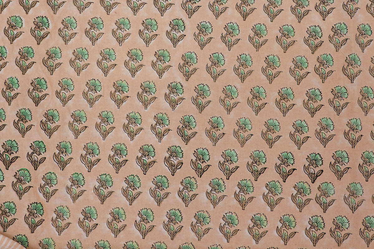Peach Floral Block Print Cotton Fabric: Indian Handstamped Material