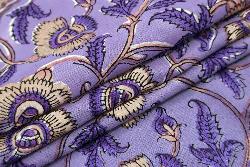 Purple Floral Cotton Fabric: Hand Block Print Indian Fabric by the Yard