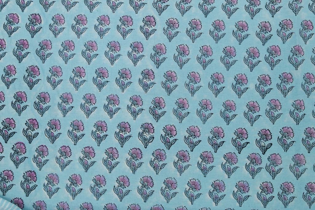 Blue Floral Blockprint Cotton Fabric: Handstamped Indian Fabric