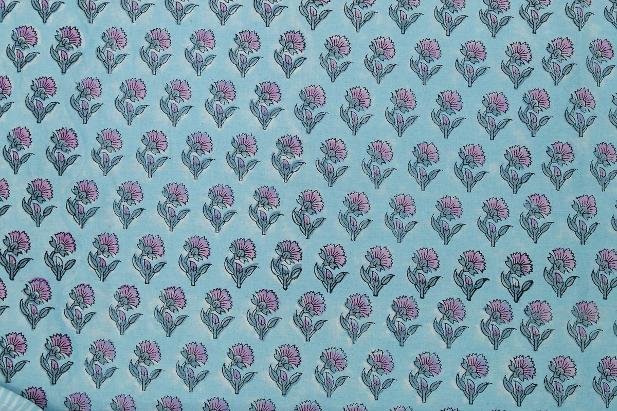 Blue Floral Blockprint Cotton Fabric: Handstamped Indian Fabric