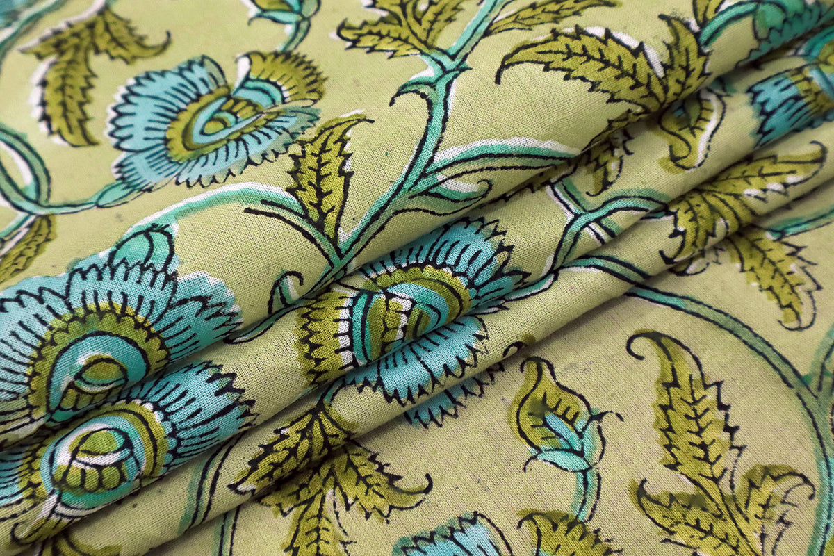 Floral Block Print Cotton Fabric: Blue & Yellow Indian Fabric by the Yard