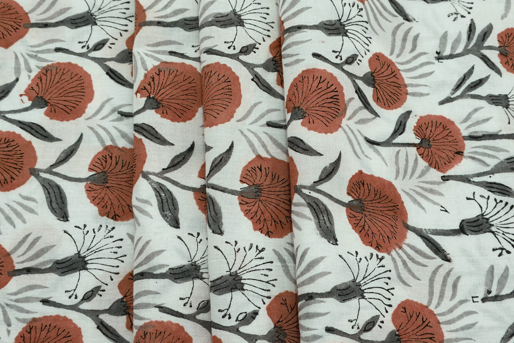 Red Floral Blockprint Cotton Fabric: Handstamped Indian Fabric