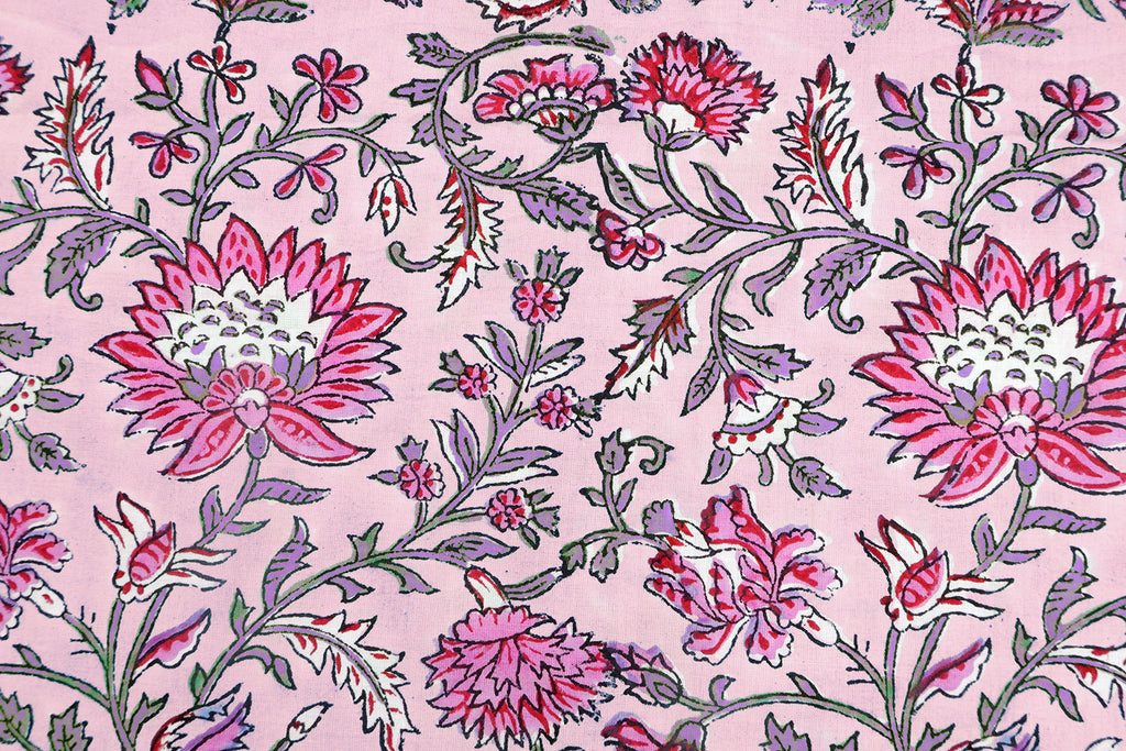 Pink Floral Block Print Cotton Fabric: Hand-Stamped Indian Fabric
