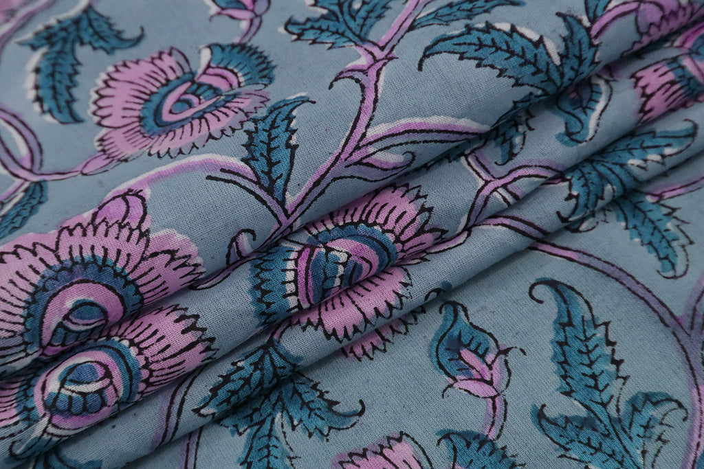 Mughal Floral Print Cotton Fabric: Blue & Pink Hand Block Print